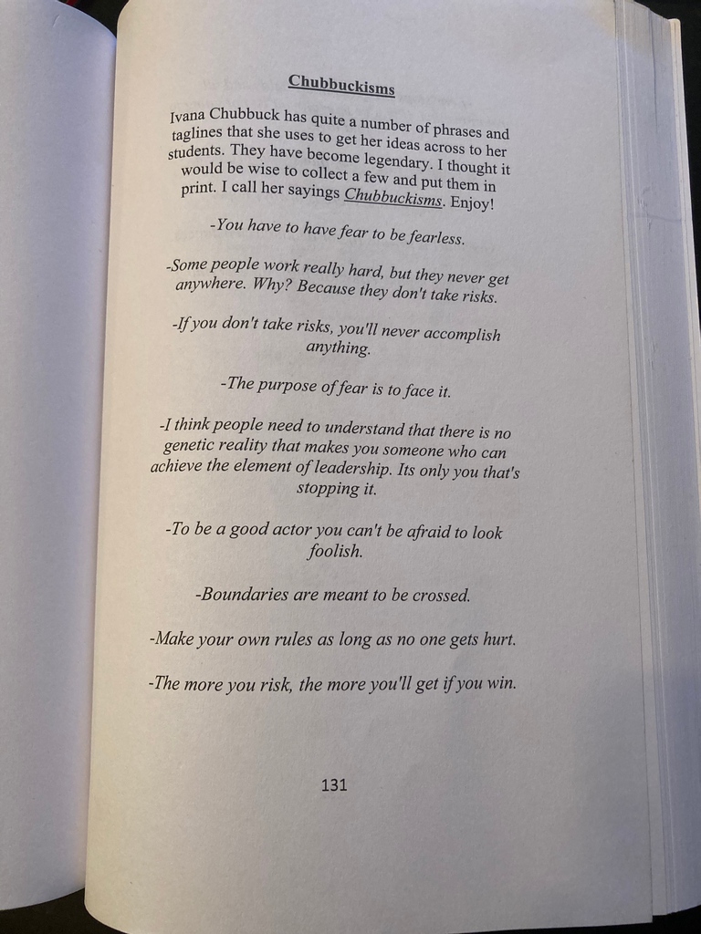 ivanachubbuck's tweet photo. Thank you Barry Heads II for including me in your book RISKY LEADERSHIP. And for creating a new noun- “Chubbuckisms” I am honored! 

#thepoweroftheactor #thechubbucktechnique #chubbuckisms https://t.co/xKesPL5Ve0