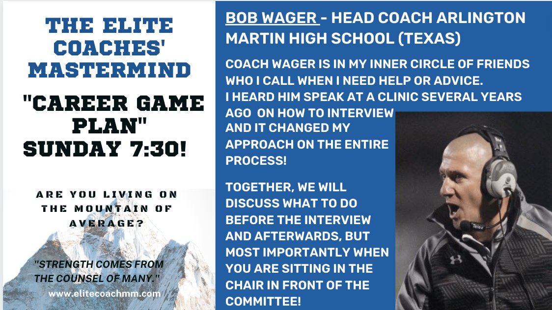 Tonight, @BobWager31 will lead 1 of the most impactful ECMM sessions ever on 'Career Game Plan'.

If ur dream is lead a program (of any sport) become a member &amp; join us!  

Monthly payment plans!

email: culture@coachrandyjackson.com
<a href="/ELITECOACHESMA1/">ELITE_COACHES_MASTERMIND</a>