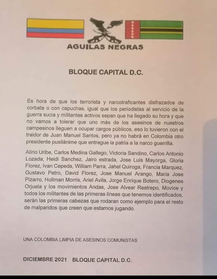 DavidFlorezBall's tweet photo. Llevo años recibiendo amenazas de las "águilas negras" y apesar de siempre denunciar la @FiscaliaCol NUNCA me ha notificado de avance en alguna investigación, exijo JUSTICIA y sanciones a los responsables. 

Mi solidaridad y abrazo con las demás personas amenazadas. https://t.co/bJFblr8fcG