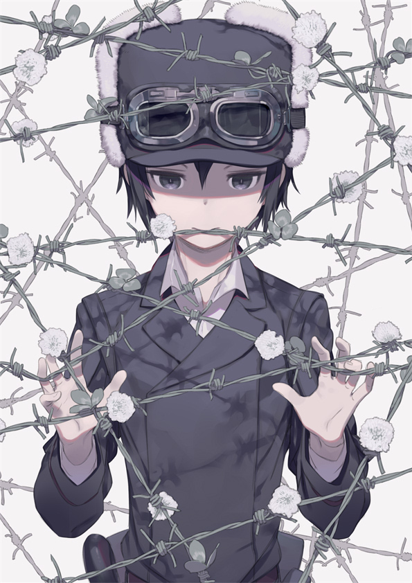 kino (kino no tabi) 1girl goggles text focus solo short hair hat barbed wire  illustration images