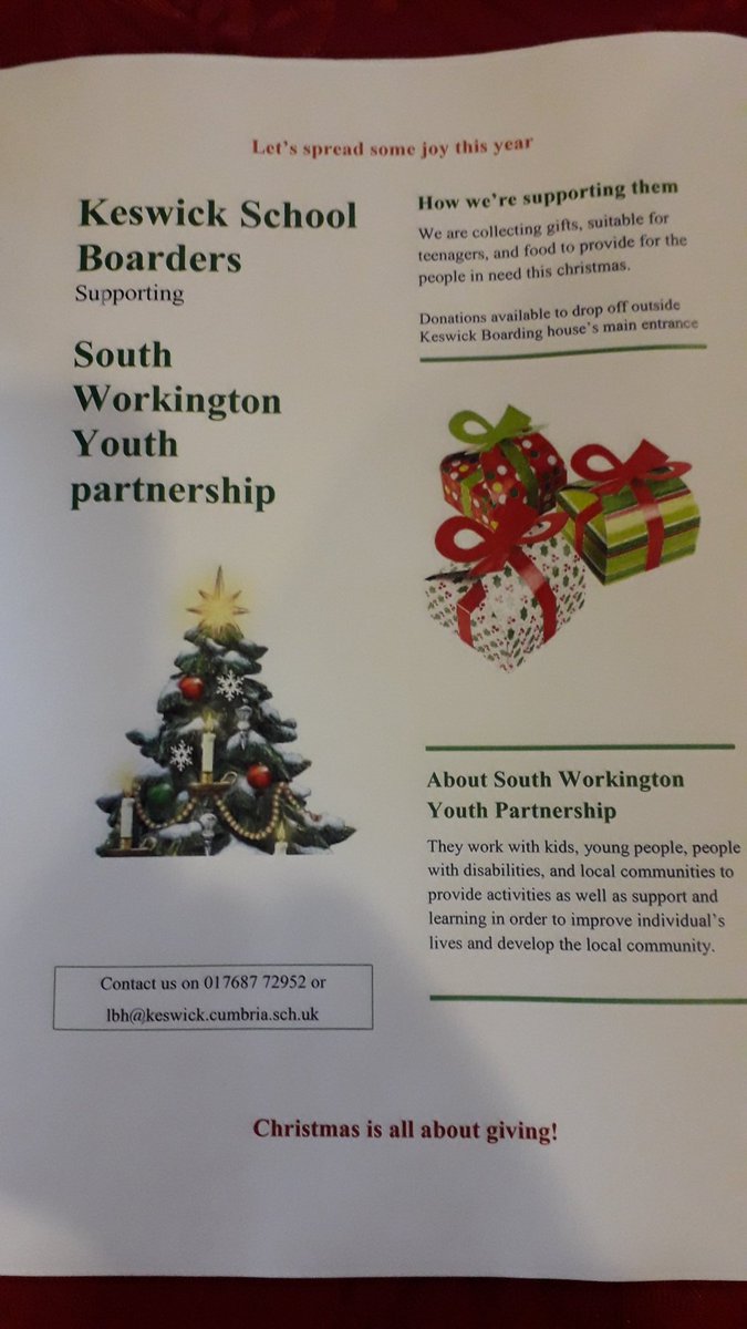 KeswickLbh's tweet photo. Our annual Christmas gift and food appeal has started supporting South Workington Youth Partnership. Donations can be dropped off at the boarding house in our box at the front door @keswicksch #iloveboarding #swyp https://t.co/66wfmZ0Zhc