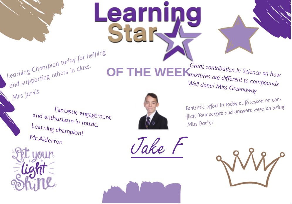 OACarlton's tweet photo. Our Learning Star of the week is Jake! Jake works so hard in all his lessons. He completes all his own work but is also amazing at supporting his peers. Well done Jake! https://t.co/Hvk1Lbjizr