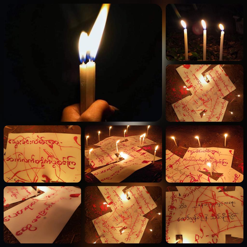 The revolutionary students from Dawei staged a night strike under the theme of “Keep fighting on the bloody road” by paying their respects to the heroes who were inhumanly killed by SAC in Yangon Kyeemyindaing tsp🪧

#HelpMyanmarIDPs
#Dec5Coup 
#WhatsHappeningInMyanmar