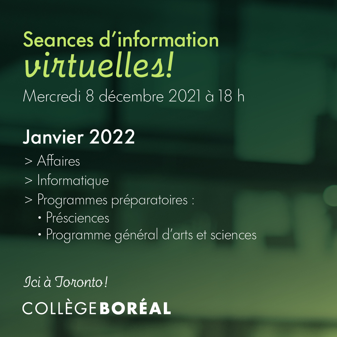 collegeboreal's tweet photo. Participez à notre prochaine séance d’information qui aura lieu le mercredi 8 décembre à 18 h. Vous aurez l’occasion de découvrir les programmes qui débutent dès janvier 2022 au campus de Toronto !
Pour vous inscrire, cliquez ici : https://t.co/xJsrXnVe9g https://t.co/624AKK6UHa