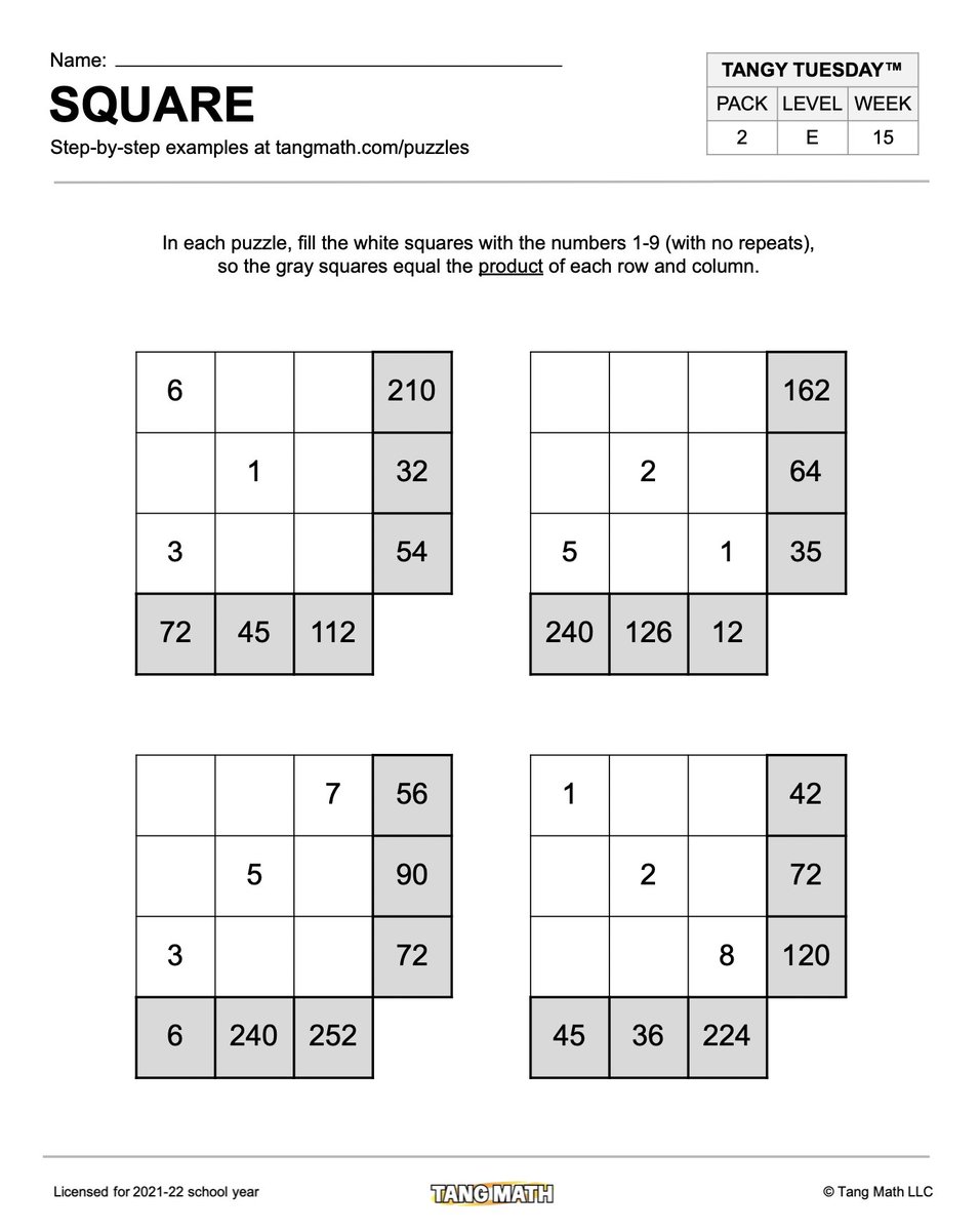 gregtangmath's tweet photo. Kids need to switch from additive to multiplicative thinking. They need to know their times tables – and factors &amp; multiples, too! Key is thoughtful &amp; strategic practice, week-in and week-out, year-after-year. These puzzles below develop problem-solving AND computational skills! https://t.co/lEdqaVSyAr