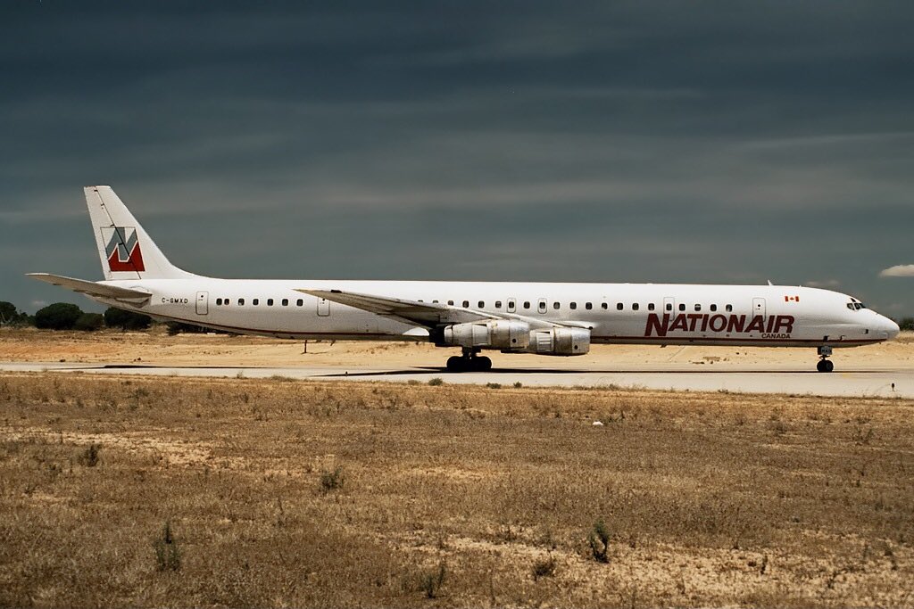 ClassicsPlanes's tweet photo. A Nationair Canada DC-8 seen here in this photo at Faro in 1987 #avgeeks ©- Pedro Aragao https://t.co/uS45X8BXkb