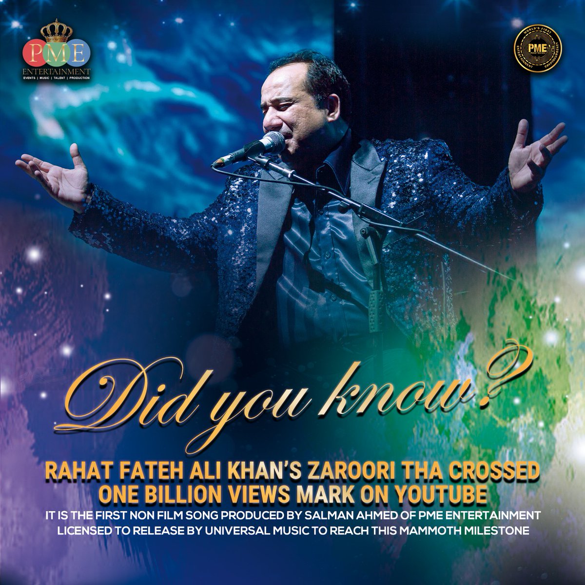 pmeworld's tweet photo. It is the first non-film song produced by Salman Ahmed of PME Entertainment licensed to release by Universal Music to reach this mammoth milestone.

Listen now at: https://t.co/1V6eGpUQzY 

#UstadRahatFatehAliKhan #PMEWorld #ZarooriTha #SalmanAhmed  #PME #UniversalMusic https://t.co/6cF7IAmXRP