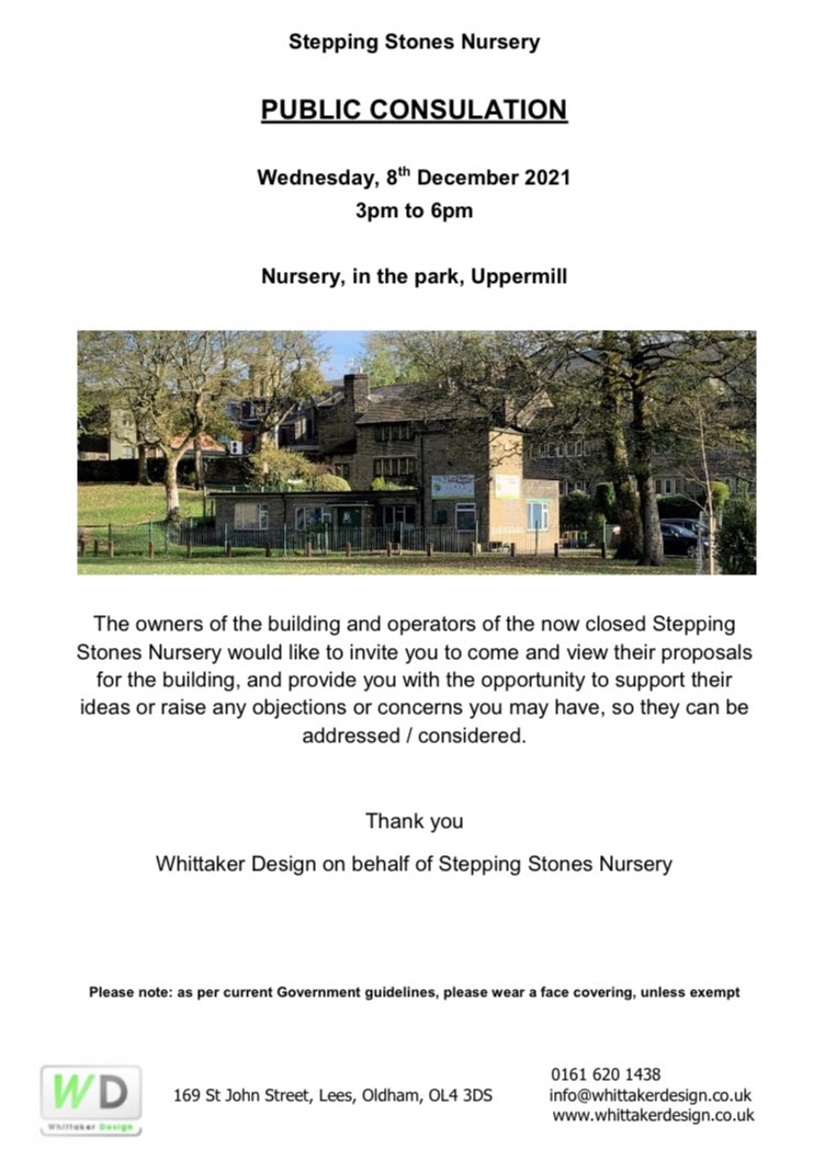 People of #Uppermill, we invite you to come and have a chat with us and the building owners of Stepping Stones Nursery in St Chads Park to discuss their proposal for the building. 

Thank you.

#Saddleworth #SupportSaddleworth #SupportLocal