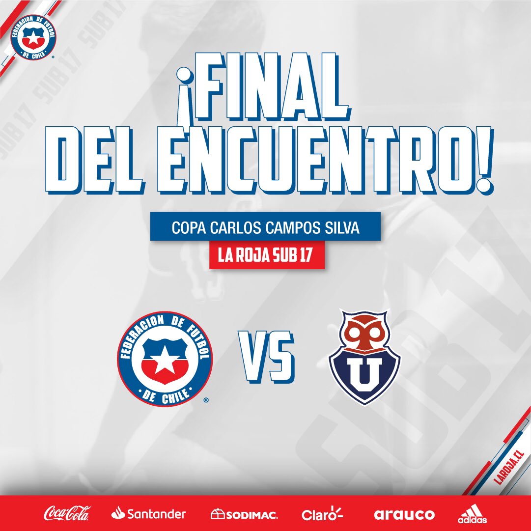 LaRoja's tweet photo. 🏟 ¡Terminó en Quilín!
💪 #LaRojaSub17 🇨🇱 derrotó a @udechile 🔵🔴 por 3-1 y se quedó con el tercer lugar de la #CopaSub17 Carlos Campos Silva 🏆
📲💻 EN VIVO: https://t.co/PgF1GsDOni
#VamosLaRoja #VamosChile https://t.co/7fzsBRpgSd