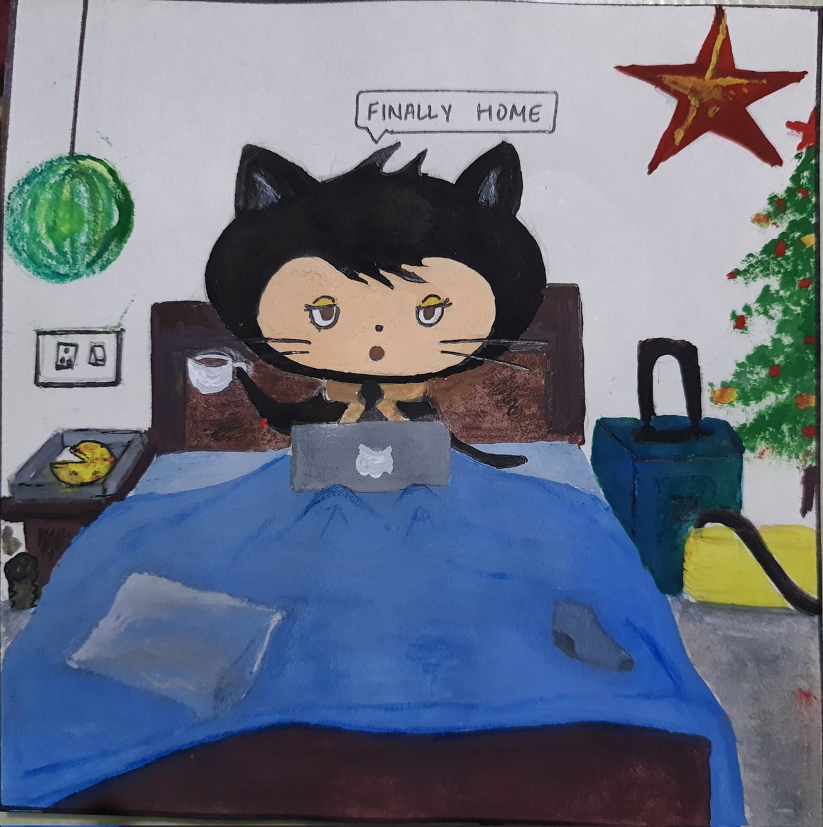 17sushmita's tweet image. Mona relaxing and watching movie at home returning after long and is all set to celebrate Christmas🎄 with family.

My entry for #DrawAnOctocat #Hackcoming

#MyOctocat #mlhacks @GitHubEducation