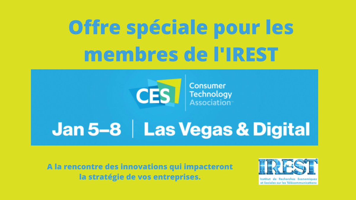 Offre préférentielle membres <a href="/irestFR/">IREST</a> 
4 jours denses et intenses. La Mission CES vous accompagne afin d’optimiser votre participation #CES2022 irest.fr/offre-pour-ces…
<a href="/JPBienaime1/">Jean-Pierre Bienaimé</a> <a href="/rt1953/">Richard Toper</a> <a href="/philippe_lucas/">Philippe Lucas</a> <a href="/LucienCastex/">Lucien Castex</a> <a href="/nicochagny/">Nico Chagny</a> <a href="/MissTech111/">dominique balbi</a>