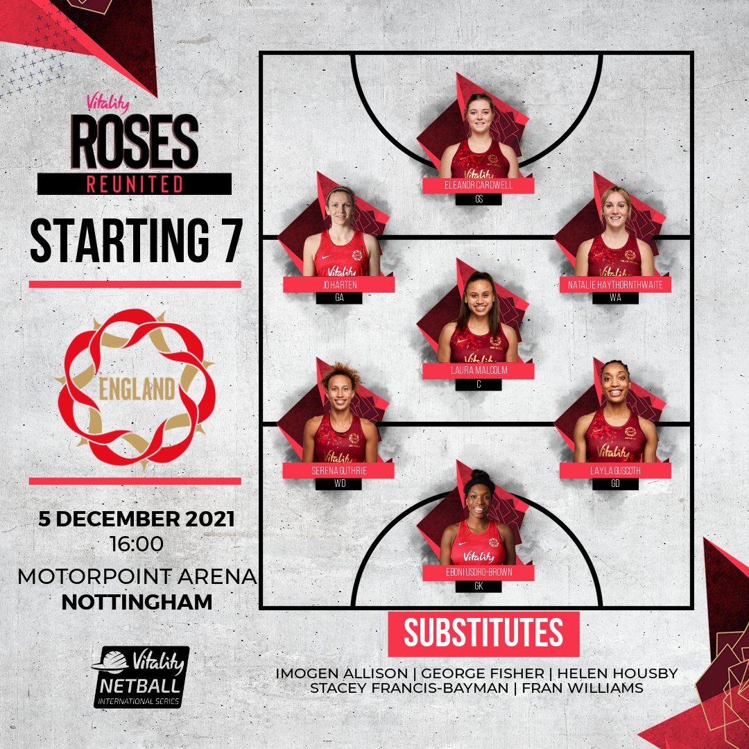 📋 Team news is in! Here's your Vitality Roses starting 7 and subs for the final game against @NetballJamaica…👀 #RosesReunited 🌹