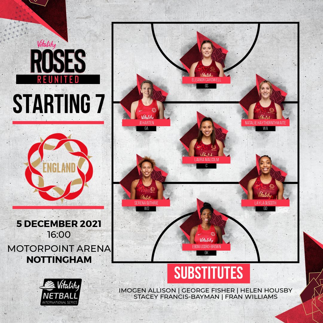 EnglandNetball's tweet photo. 📋 Team news is in!

Here's your Vitality Roses starting 7 and subs for the final game against @NetballJamaica…👀

#RosesReunited 🌹 https://t.co/dQPsOM9Lkt