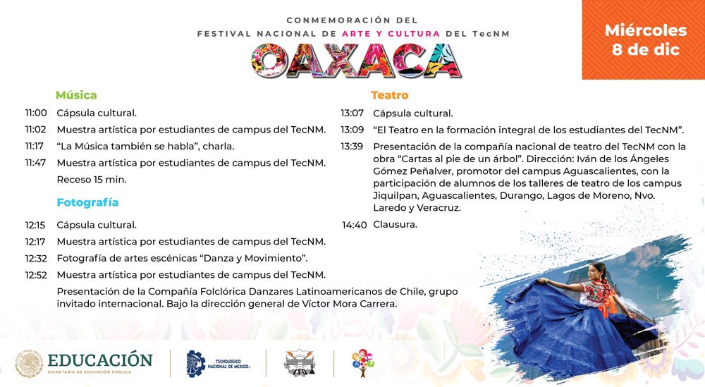 #EventoCulturalVirtual2021
Vuelve el Festival Nacional de Arte y Cultura del Tecnológico Nacional de México en el bello estado de Oaxaca, para celebrar el talento de nuestros jóvenes del 6 al 8 de diciembre.