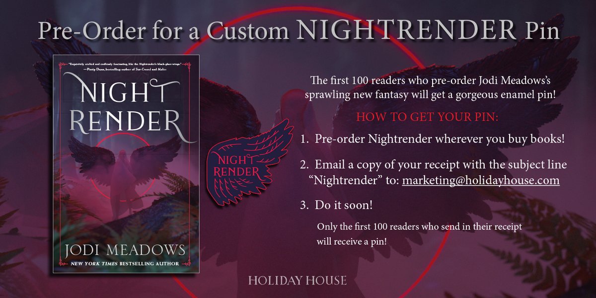 HolidayHouseBks's tweet photo. Have you pre-ordered NIGHTRENDER? Be one of the first 100 people to let us know, and receive a custom pin!* #giveaway #yalit #Nightrender @jodimeadows https://t.co/UVUwlM8cDg

*Open only to residents of the 50 United States and Washington, D.C. https://t.co/m6cutyPNxC