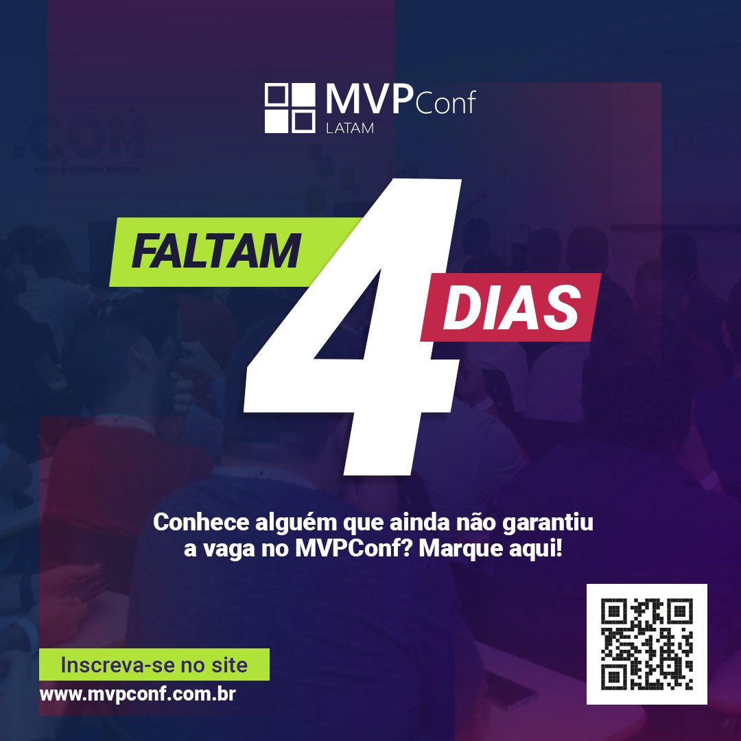 FALTAM 4 DIAS PARA O MVPConf 2021 🤩

Não deixe passar essa oportunidade e participe do maior evento de tecnologia do mundo que ajuda quem mais precisa 🙏

Esperamos por você! Faça sua inscrição e entre para o nosso time 😉

👉 mvpconf.com.br
