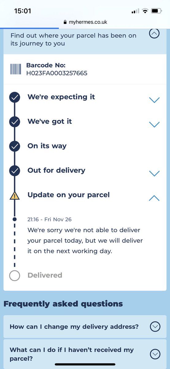 NatalieeGraham's tweet photo. @Hermesparcels can someone please DM me and explain to me why my parcel has been sitting with the same update for over a week?? ridiculous. https://t.co/Nk0G3AdKMg