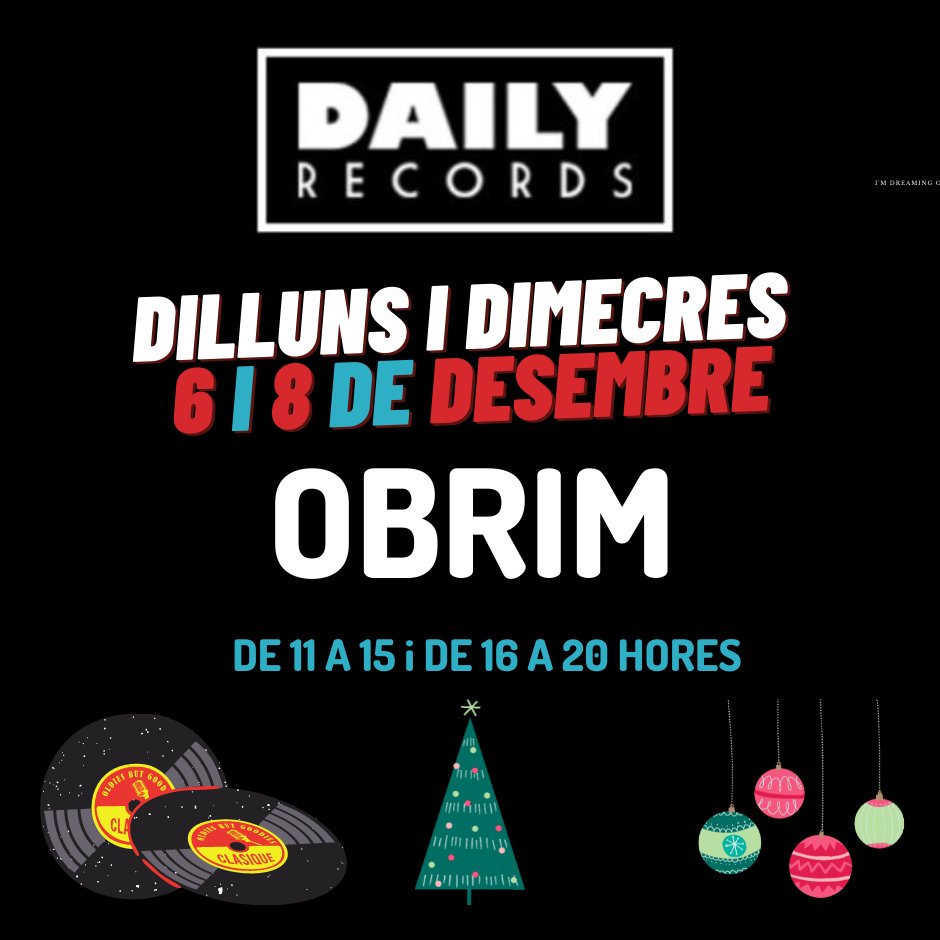 DailyRecordsBcn's tweet photo. Hola a tothom!

Demà dilluns i també dimecres la botiga estarà oberta, si estàs ultimant els regals de Nadal pensa que la música és sempre una gran opció!

Us esperem!!!

#dailyrecords #dailyrecordsbarcelona #punk #oimusic #ska #reggae #rockandroll #givethegiftofmusic https://t.co/krCSqFQhmW