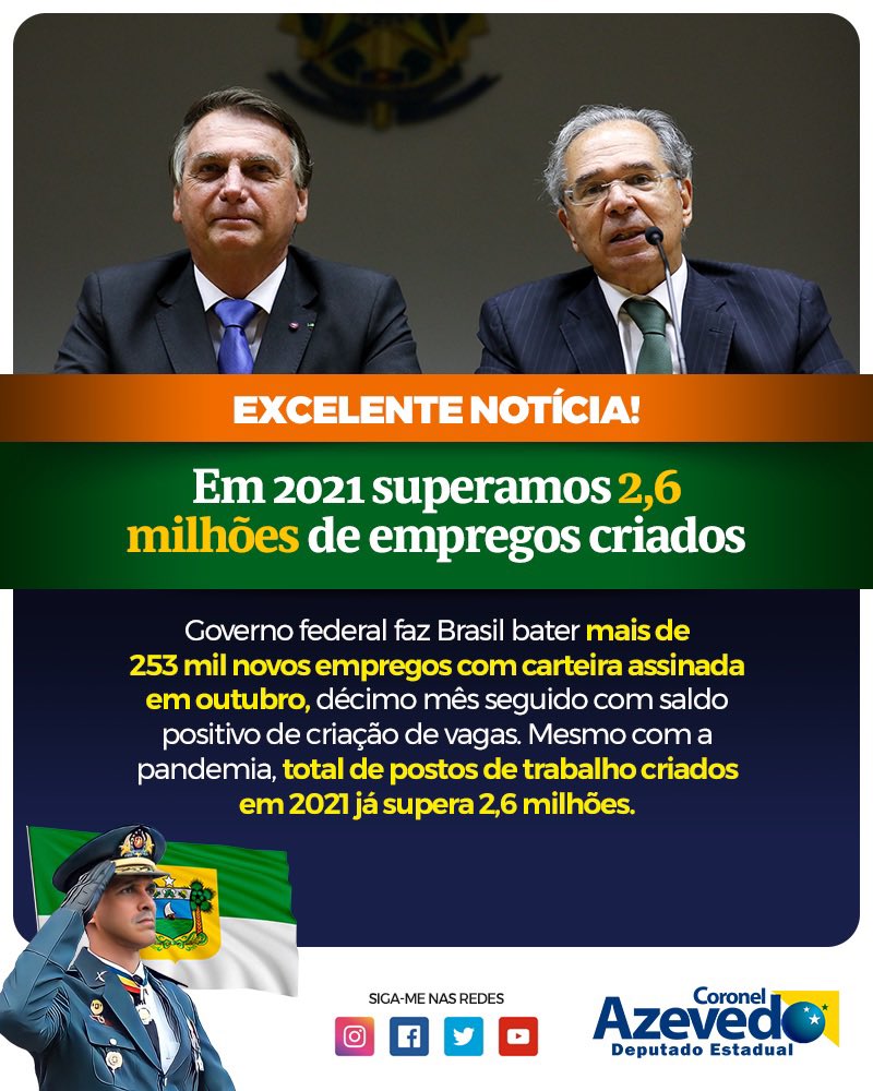 #GovernoFederal #Empregos #CarteiraAssinada #BrasilAcimaDeTudo #DeusAcimaDeTodos #DeputadoCoronelAzevedo
