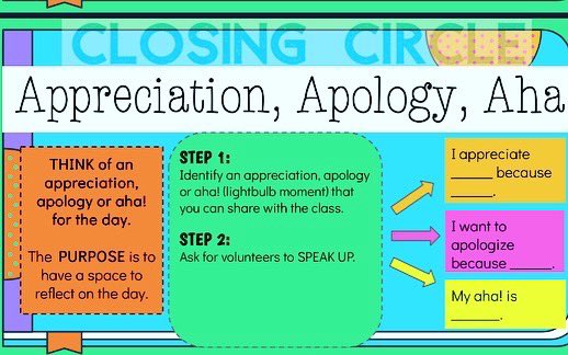 jmizewilson's tweet photo. We don’t always get to it but closing circle is a favorite, too. When we forgot or run out of time, I’ll have students spontaneously share during dismissal their appreciation, apology, or Aha. Warms my ♥️. Make sure you’re giving space for student hearts and voice.♥️ https://t.co/OnHkyIv96Z