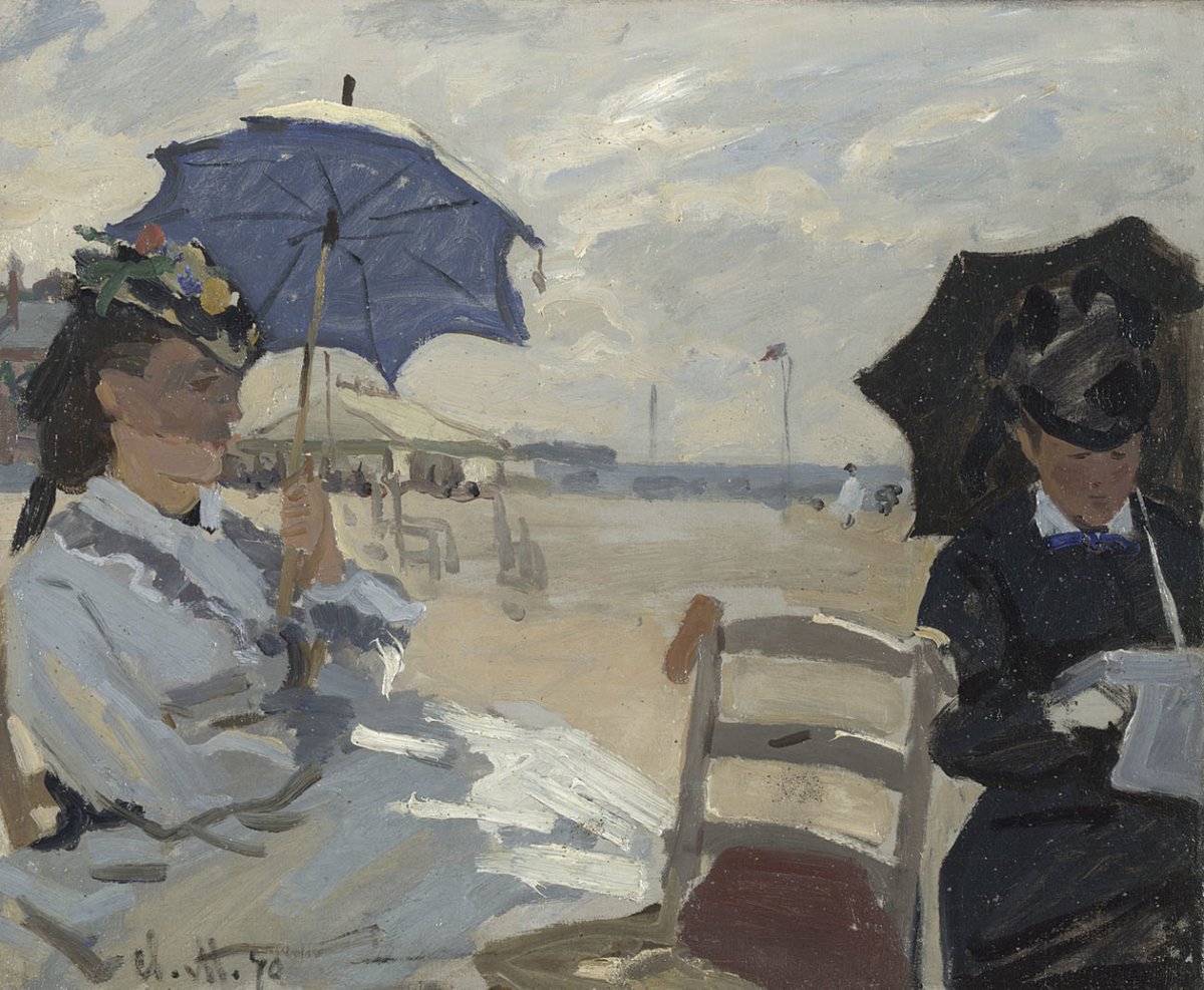 Claude Monet, 'The Beach at Trouville', 1870. Two women sit on the beach in Trouville. 