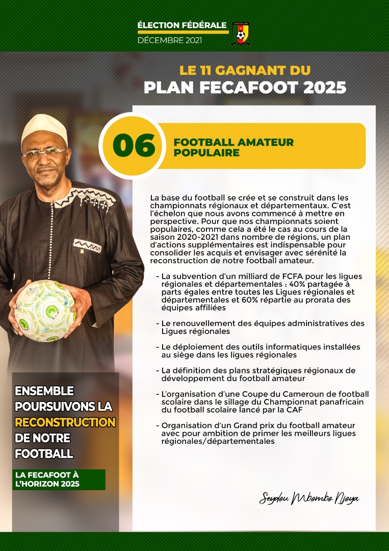 Our winning #11 is, we are convinced, the essential levers that will allow us to have a popular amateur football ... #winning11 #2021FederalElection #Fecafoot2025