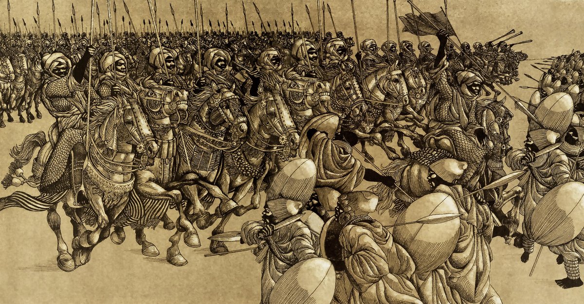 CouchHistorian's tweet photo. Charge of the Bornu heavy cavalry into the ranks of their Bulala enemies during Mai Idris Katakarmabe's reconquest of their ancestral homeland of Kanem in Chad, 16th century.
#Bornu #Kanem #KanemBornu #cavalry #charge #battle #Bulala #warriors #war #Chad #history #AfricanHistory https://t.co/J0f2WqsFwQ