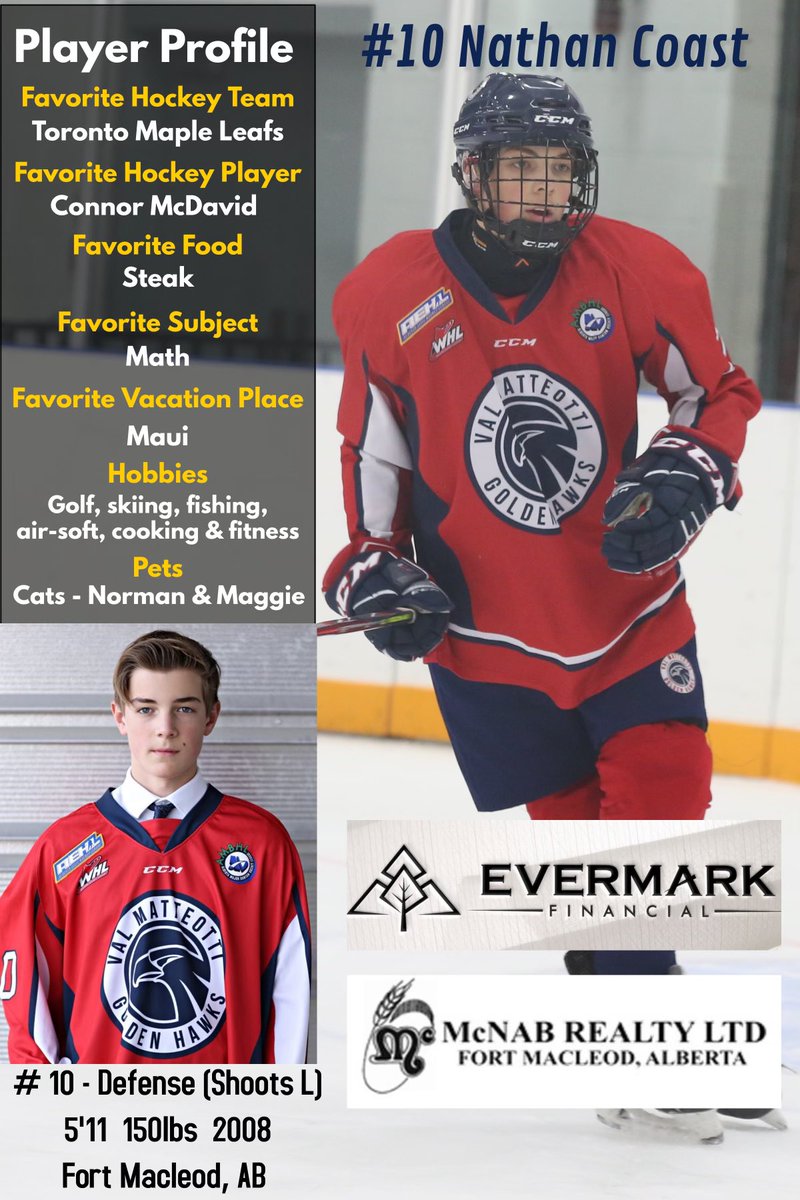 ValHawks's tweet image. Today @ValHawks profile player for the game vs @Rebels_U15AAA is
 #10 Nathan Coast 

Hawks take to the ice at 12:00pm at Nic Sheran arena 

#featureplayer #defenceman #energetic