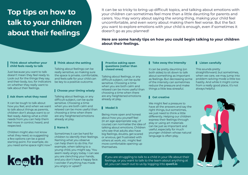 Here are some great tips from Kooth about how parents / carers can talk to their children about their feelings.

#itsgoodtotalk
#wellbeing