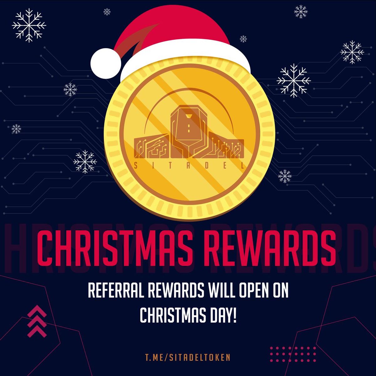 SitadelToken's tweet photo. The referral rewards will open on Christmas Day! Let’s go! 🚀

#happyholidays #merrychristmas #sitadeltoken #bitcoin #binance #bnb #doge #elonmusk #art #artbasel #artweek #party https://t.co/UaftjkcOm7