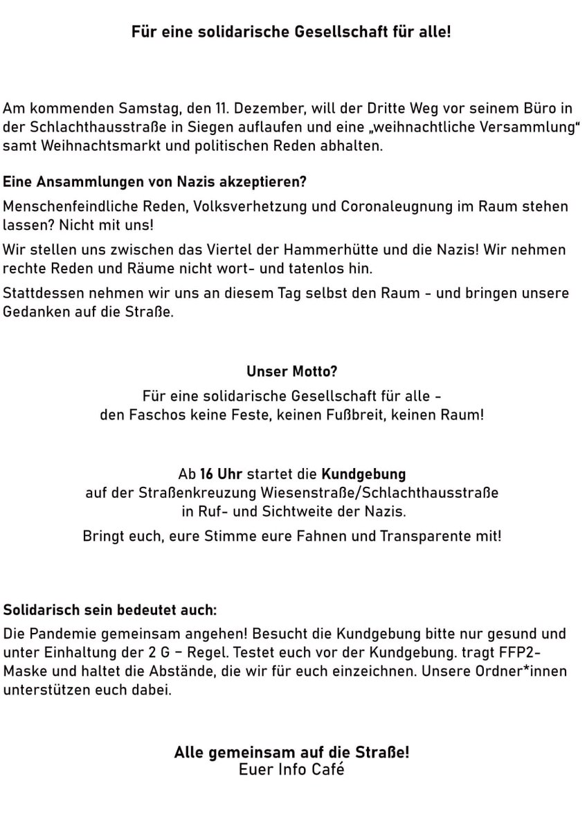CafeSiegen's tweet photo. #Alerta: kommenden Samstag ab 16 Uhr: Kundgebung in der #Hammerhütte in #Siegen gegen den Dritten Irrweg und seine Weihnachtsversammlung. Seid fit, haltet euch an 2-G, tragt FFP2, haltet nach Möglichkeit Abstand. #nonazis #antifa #siamotuttiantifascisti (1/2) https://t.co/VYJcd4B963