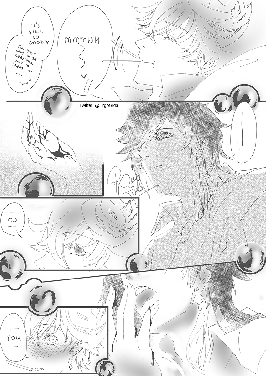 ErgoGida's tweet photo. Late submission for @tartaliweek 
(last one 😣, no more time for the missing two...meh....😭)
Promt: Pocky Day
NSFW prompt: Wet dreams
💧🔶
'You made me something?' 

#tartaglia #childe #zhongli #TartaLiWeekRound2 #tartali #タル鍾 https://t.co/PdhVRcYdFt