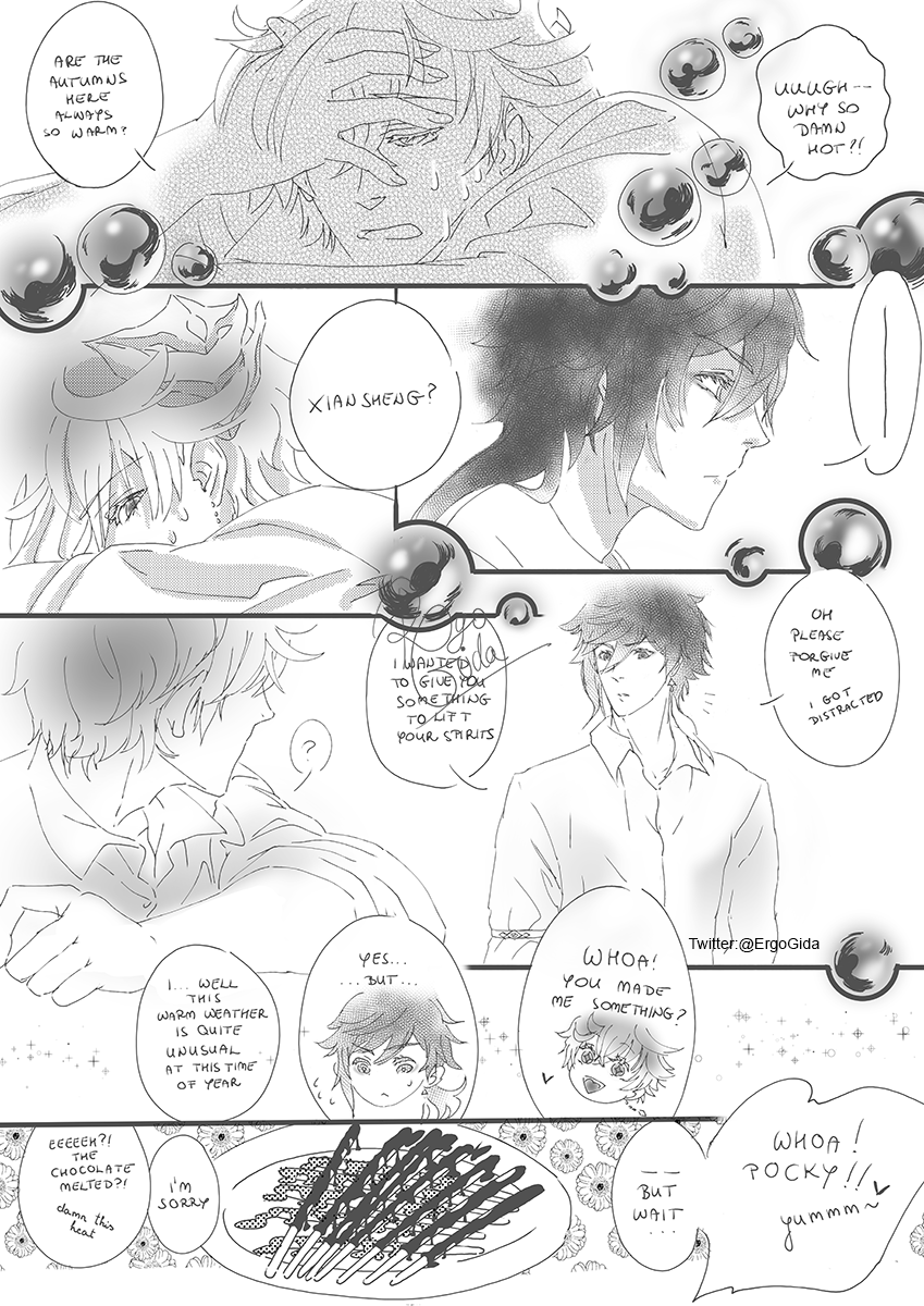ErgoGida's tweet photo. Late submission for @tartaliweek 
(last one 😣, no more time for the missing two...meh....😭)
Promt: Pocky Day
NSFW prompt: Wet dreams
💧🔶
'You made me something?' 

#tartaglia #childe #zhongli #TartaLiWeekRound2 #tartali #タル鍾 https://t.co/PdhVRcYdFt