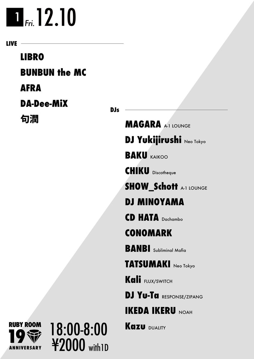 RUBYROOMshibuya's tweet photo. 12/10(fri)
RUBYROOM19th ANNIVERSARY
ーDAY1ー
OPEN 18:00-8:00
DOOR¥2000(with 1drink)

LIVE
LIBRO
BUNBUN the MC
AFRA
句潤
DA-Dee-MiX

DJ
MAGARA
DJ Yukijirushi
BAKU(KAIKOO)
CHIKU
SHOW_Schott
DJ MINOYAMA
CD HATA
CONOMARK
BANBI
TATSUMAKI
Kali 
DJ Yu-Ta
IKEDA-IKERU 
Kazu https://t.co/qzDxgvKbzA