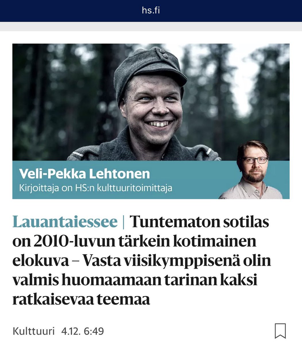 Helsingin Sanomat vuonna 2017:  ”Tuntematon sotilas on turha elokuva” 

Helsingin Sanomat vuonna 2021:  ”Tuntematon sotilas on 2010-luvun tärkein kotimainen elokuva”

<a href="/hsfi/">Helsingin Sanomat</a> linja hakusessa.