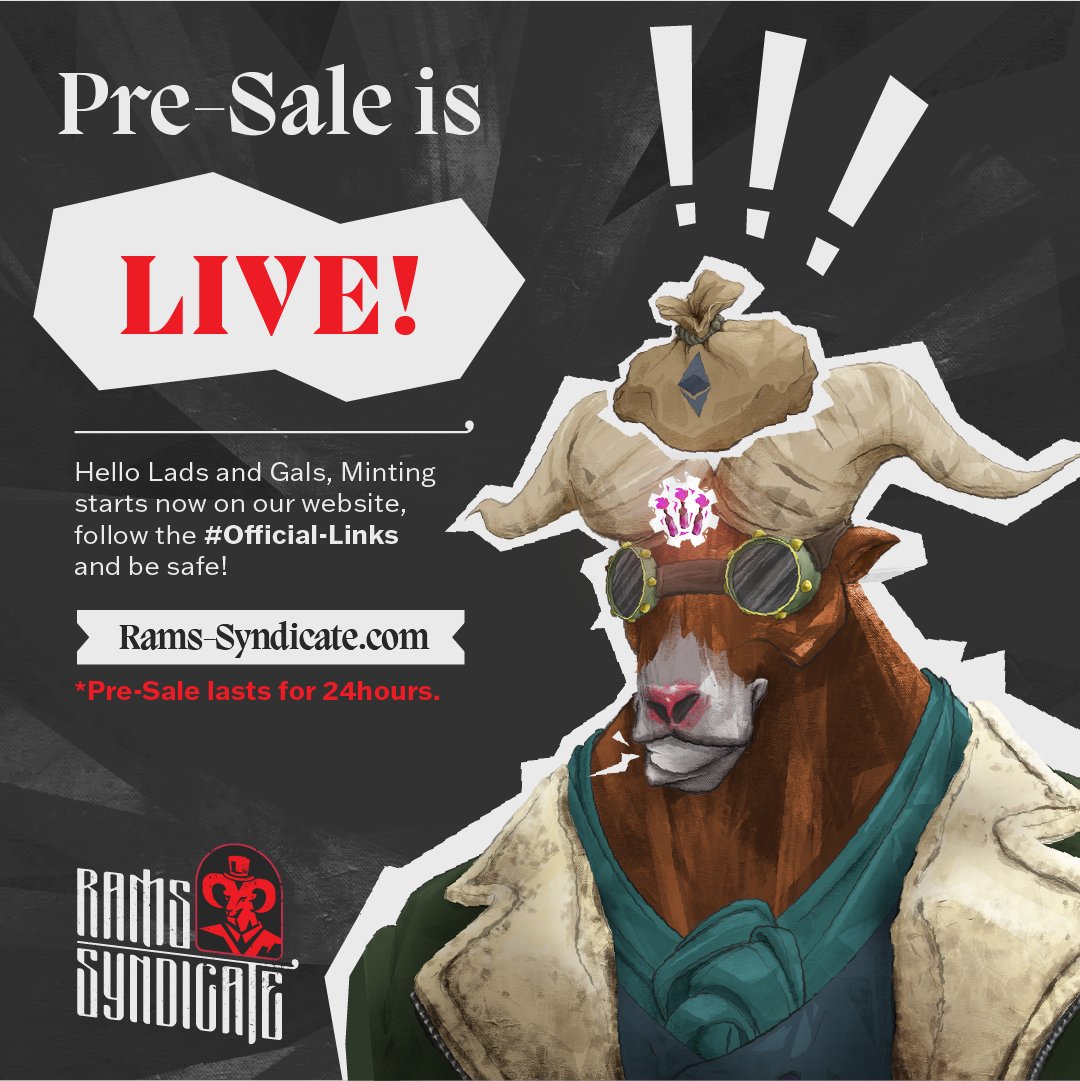 Rams_Syndicate's tweet photo. 🚨PRESALE IS LIVE! 🚨

Only use our official links for minting and for secondary sales!

📌Mint: https://t.co/pZV0ITmILG

📌Opensea: https://t.co/8GjilAas91 https://t.co/rp8wrjT7Hq