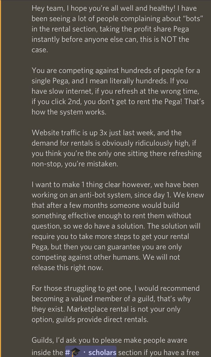 AxieElon's tweet photo. This is a good announcement from @RealCoreyWilton of the Pegaxy rental market right now lol. Well said Corey! 

Yes axie guilds should offer pega to their scholars first because why rent to a stranger when you can rent direct to a scholar you’ve spend so much time with? https://t.co/Re3Z4PeEB5