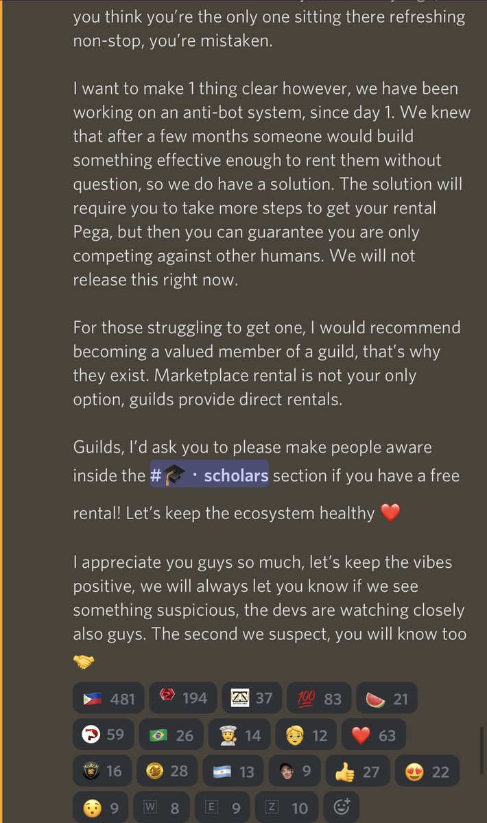 AxieElon's tweet photo. This is a good announcement from @RealCoreyWilton of the Pegaxy rental market right now lol. Well said Corey! 

Yes axie guilds should offer pega to their scholars first because why rent to a stranger when you can rent direct to a scholar you’ve spend so much time with? https://t.co/Re3Z4PeEB5