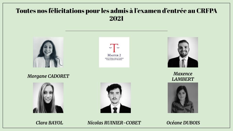 M2dpappUT1's tweet image. Toutes nos félicitations aux anciens étudiants du Master 2 qui ont été admis à l&apos;examen du CRFPA 2021. Nicolas Ruinier-Caubet (Major à l&apos;IEJ de UT1), Océane Dubois @morganecadoret , @BayolClara et @Lambmax28 . 

Nous leurs souhaitons tous nos voeux de réussite !