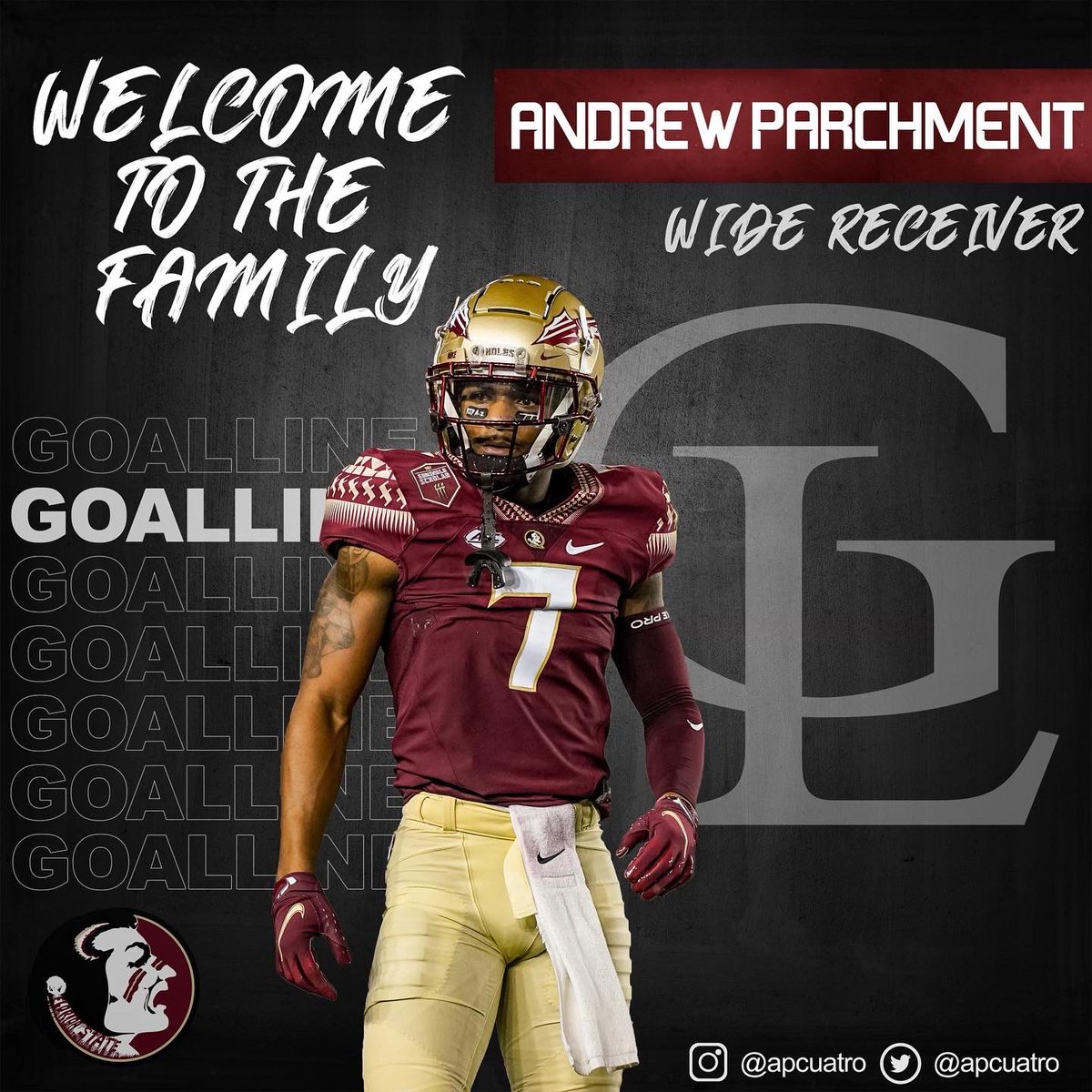 GoalineFootball's tweet photo. #GLFam let’s welcome the first member of the 2022 NFL Draft Class @apcuatro! Explosive playmaker from @FSUFootball who can stretch the field. Time to make it happen AP! 🤝 #FaithFamilyFootball®️ @YosBehar @Everettlevy https://t.co/romAp7Z6ix