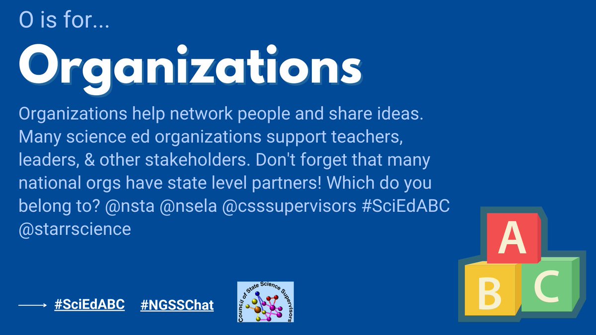 CSSSupervisors's tweet photo. O is for Organizations: Organizations help network people &amp; share ideas. Many sci ed orgs support teachers, leaders, &amp; other stakeholders. Don't forget that many national orgs have state level partners! Which do you belong to? @nsta @nsela @csssupervisors #SciEdABC@starrscience https://t.co/ZodA6GJHX4