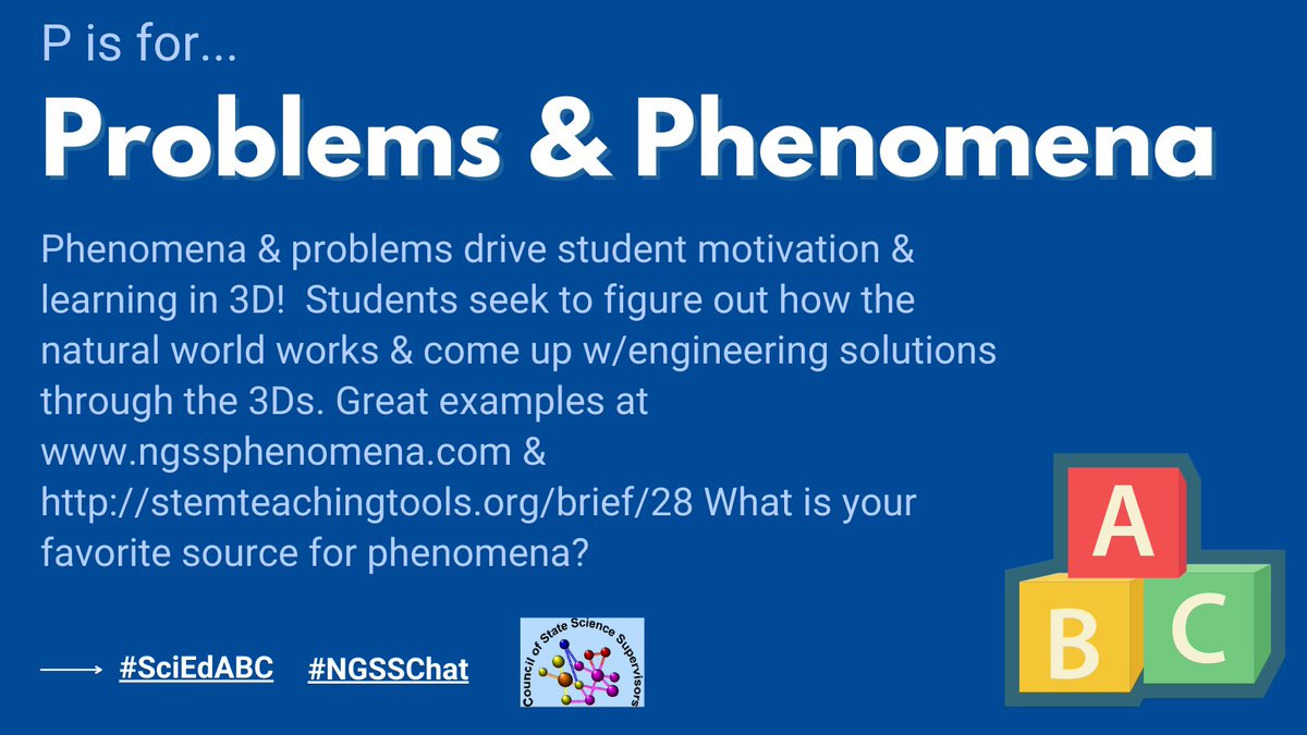 Phenomena &amp; problems drive student motivation &amp; learning in 3D!  Students seek to figure out how the natural world works &amp; come up w/engineering solutions. Great examples at ngssphenomena.com &amp; stemteachingtools.org/brief/28 What is your favorite source? <a href="/STEMTeachTools/">STEM Teaching Tools</a> <a href="/tjscience/">TJ McKenna</a>