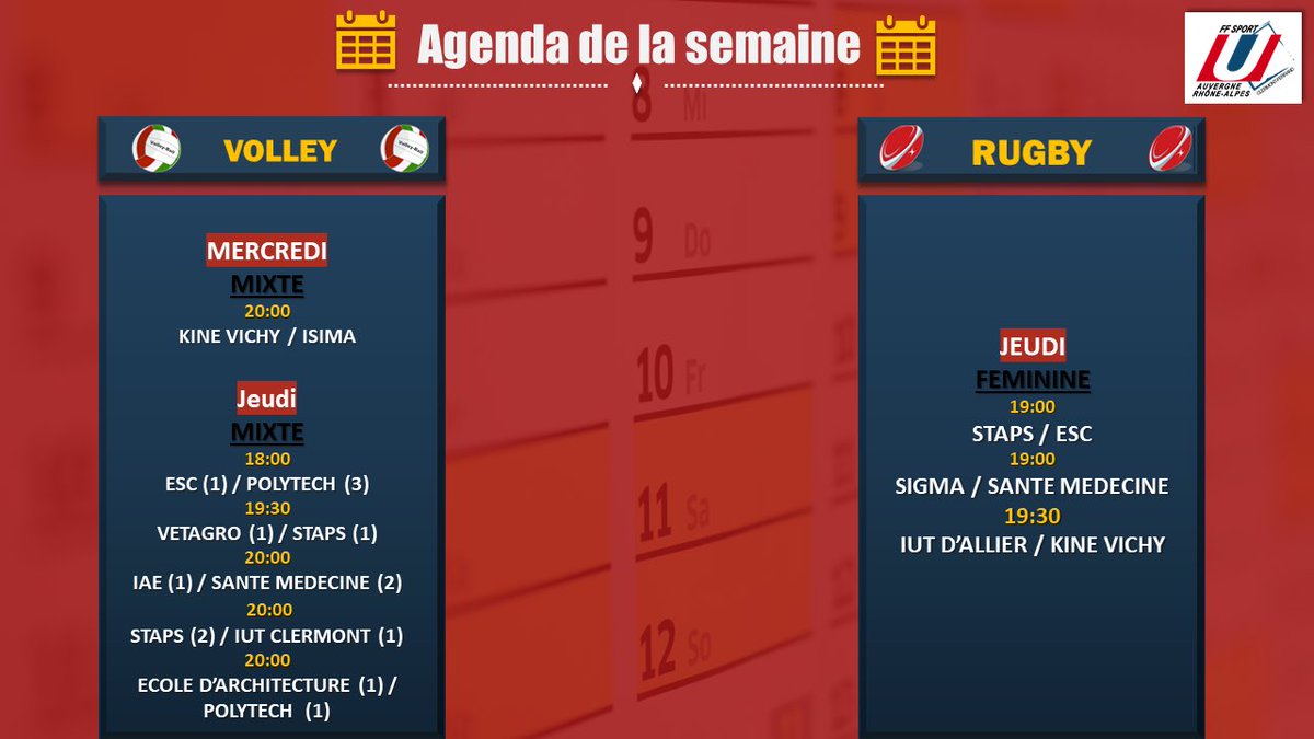 ⏰ AGENDA DE LA SEMAINE ⏰

Retrouvez les lieux des rendez-vous sur le site : sportco.abyss-clients.com/rencontres

Bonne semaine de compétition 🥇