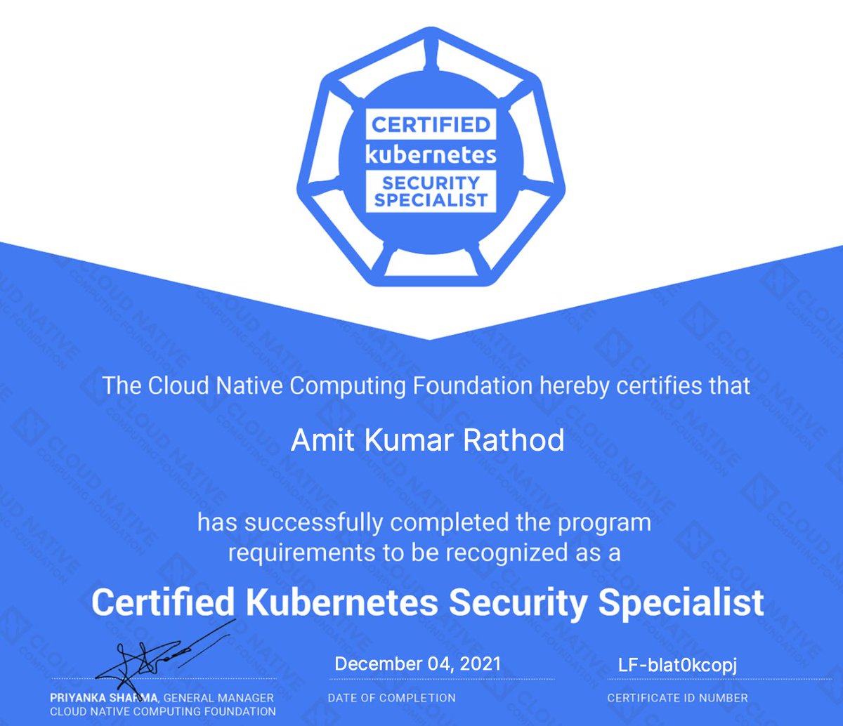 Super Monday Morning! Achievement unlocked! This was fun and challenging <a href="/CloudNativeFdn/">CNCF</a> <a href="/kubernetesio/">Kubernetes</a> #CKS . Special thanks to <a href="/_killer_shell/">Killer Shell</a> 🙌for the amazing practice tests and advice on being fast and literally breathing kubectl(as Kim says 😉)