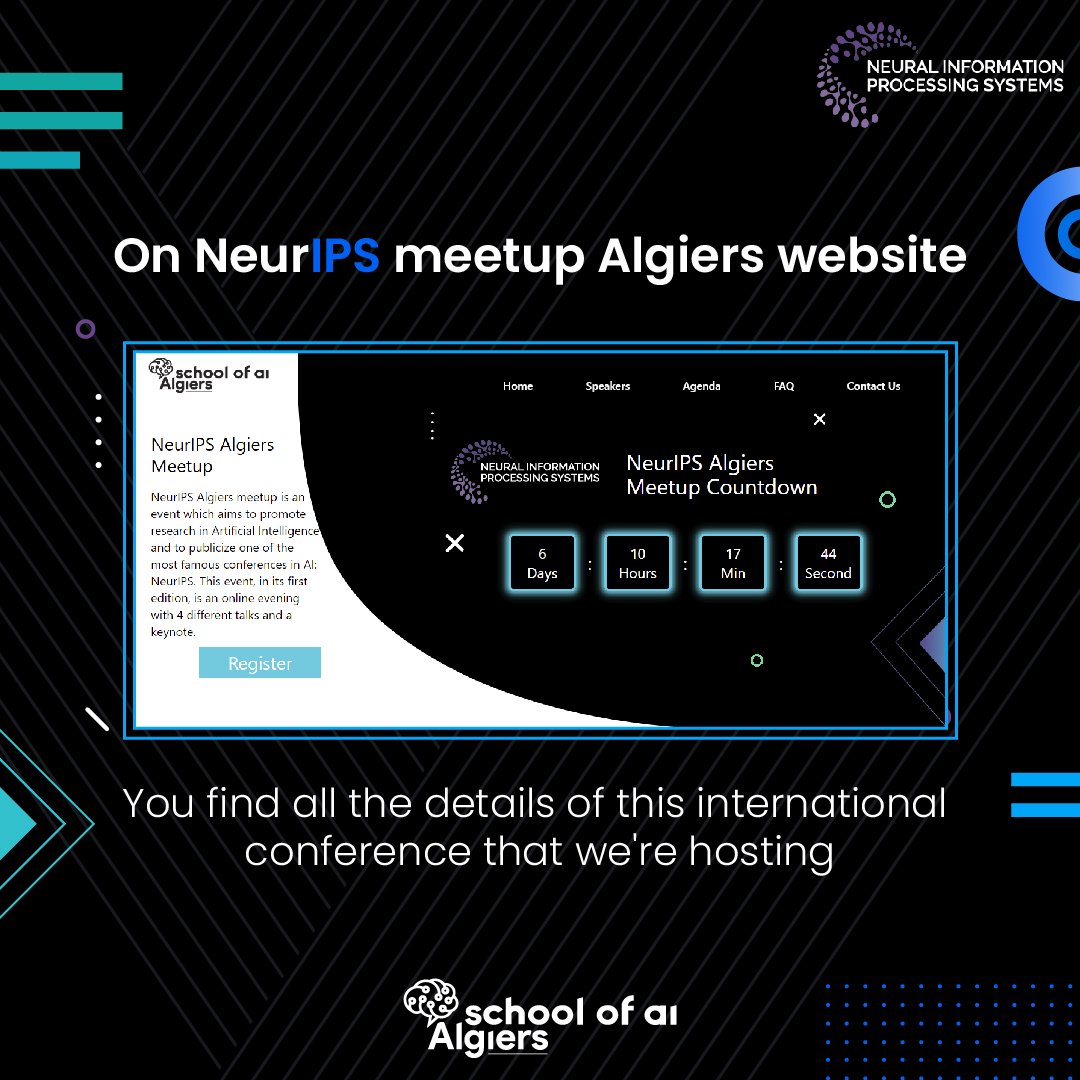 SoAIAlgiers's tweet photo. Hello again 😁,

Checkout all the detail of the NeurIPS Algiers Meetup 🔥🔥🔥 in the official website 😉 

Here's the link:
https://t.co/m8AsK1MMaY

#schoolofai #neurIPS21 #first #edition https://t.co/BeMOj5ybIS