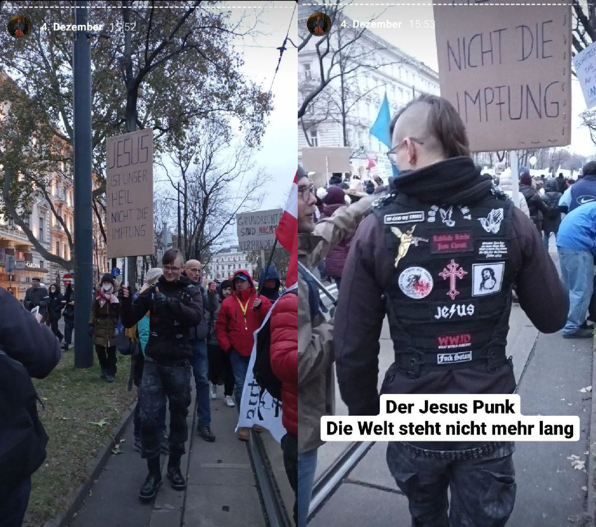 ich schau mir diese leugnerdemos mit einer hypnotisierten fassungslosigkeit an, ich verliere immer meine begleitung, weil ich in trance gerate, ein nicht abreißender strom am wahnsinn und wenn man denkt, man hat jetzt echt alles gesehen, kommt plötzlich der jesus punk.