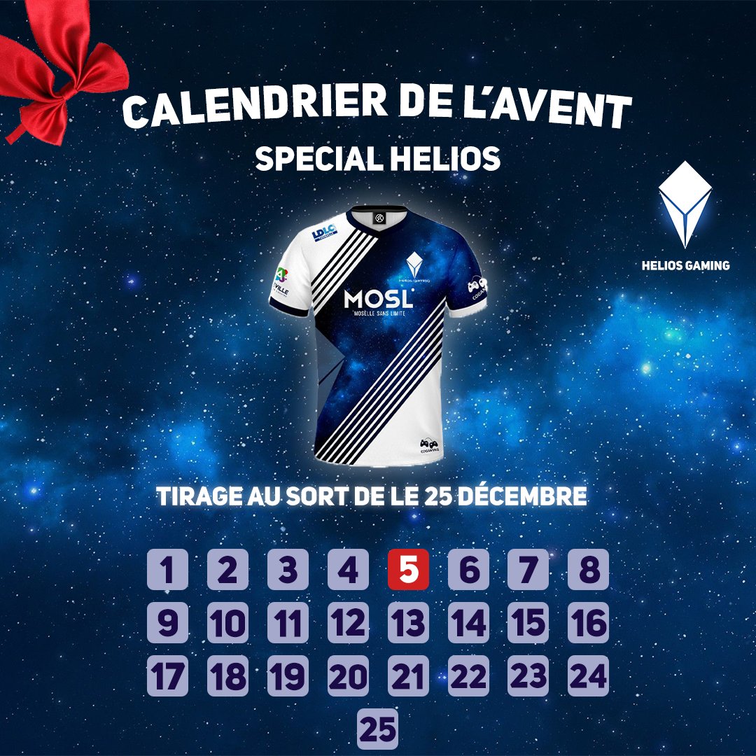 #Concours 
Jour 5 du calendrier
Et aujourd'hui, tente de remporter un maillot Helios Gaming
Pour participer ;
👉Follow <a href="/HeliosGamingFR/">Helios Gaming</a> 
👉RT le tweet
TAS le 25 Décembre