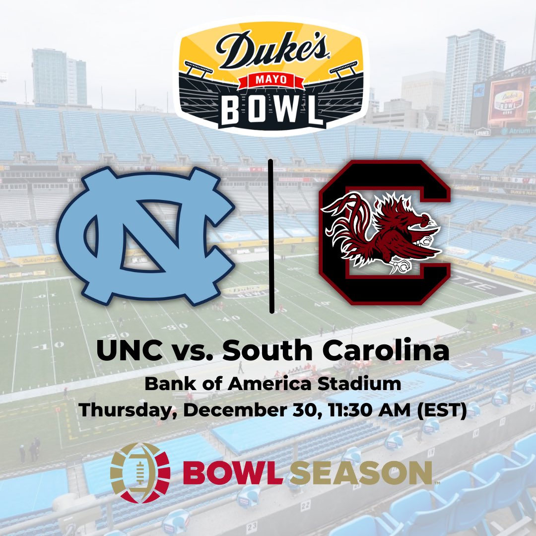 BowlSeason's tweet photo. 🚨OFFICIAL: @UNCFootball will take on @GamecockFB in the @DukesMayoBowl 🚨#BowlSeason https://t.co/2qwcaoOJXo