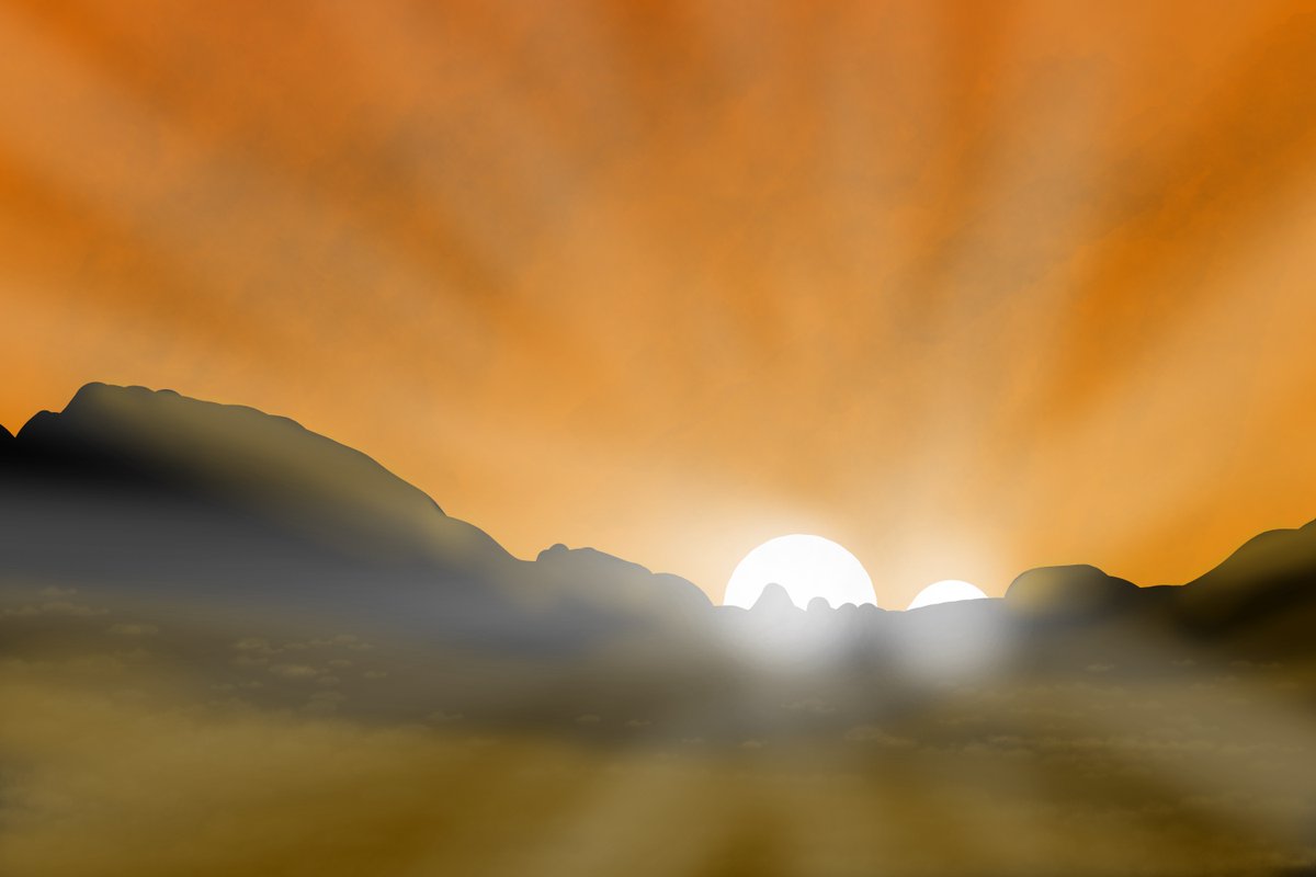 This is my piece 'Binary sunrise on an alien mountain field', an attempt at capturing the prairie lit by fiery suns.

#art #digitalpainting #painting #digitalart #binarysuns #twinsuns #spaceart #sunset #sunrise #aliensky #alienlandscape