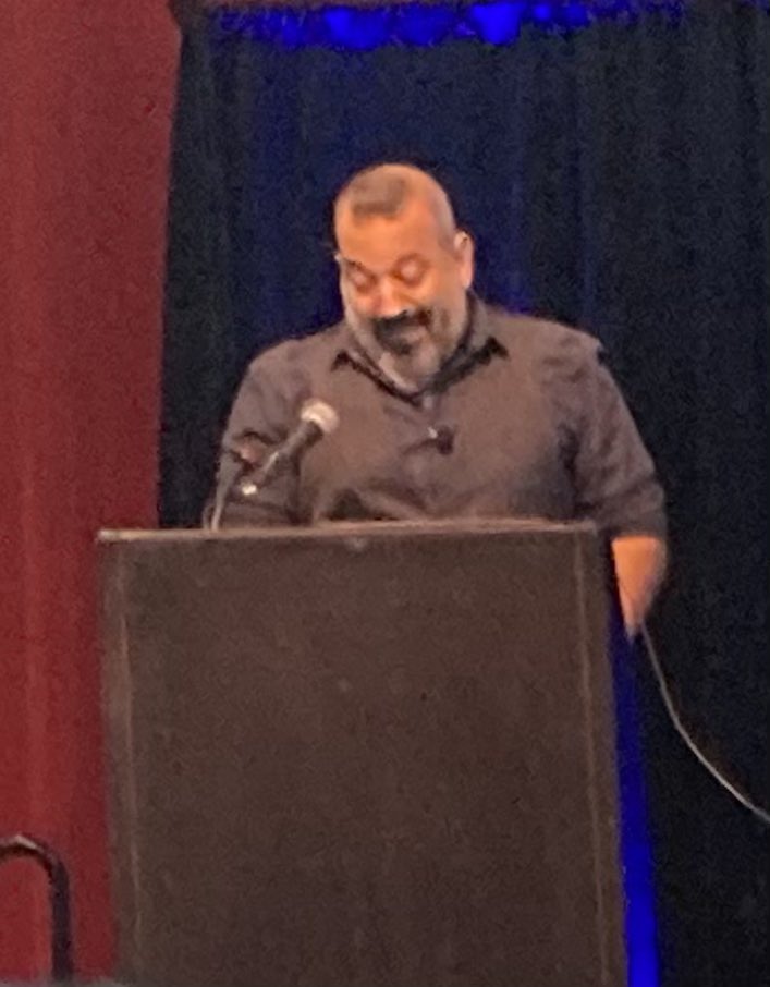 MrsCasieri's tweet photo. Daniel Nayeri “keynoting” for the first time. Starting off with a library joke. @DanielNayeri @njasl #njasl21 #CourageConnectionCompassion https://t.co/LoOgdVMzuW
